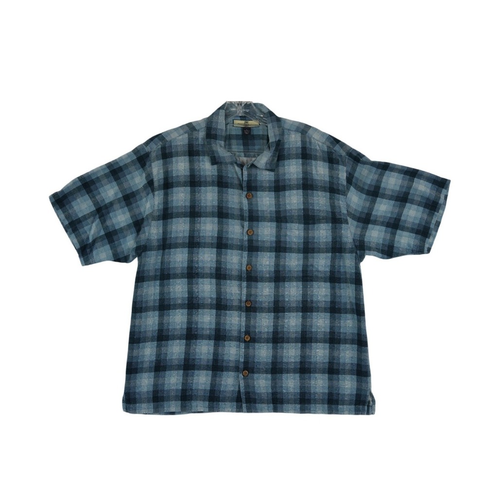 Tommy Bahama 100% Silk Blue Plaid Camp Shirt Top Men's Size Large Hawaiian